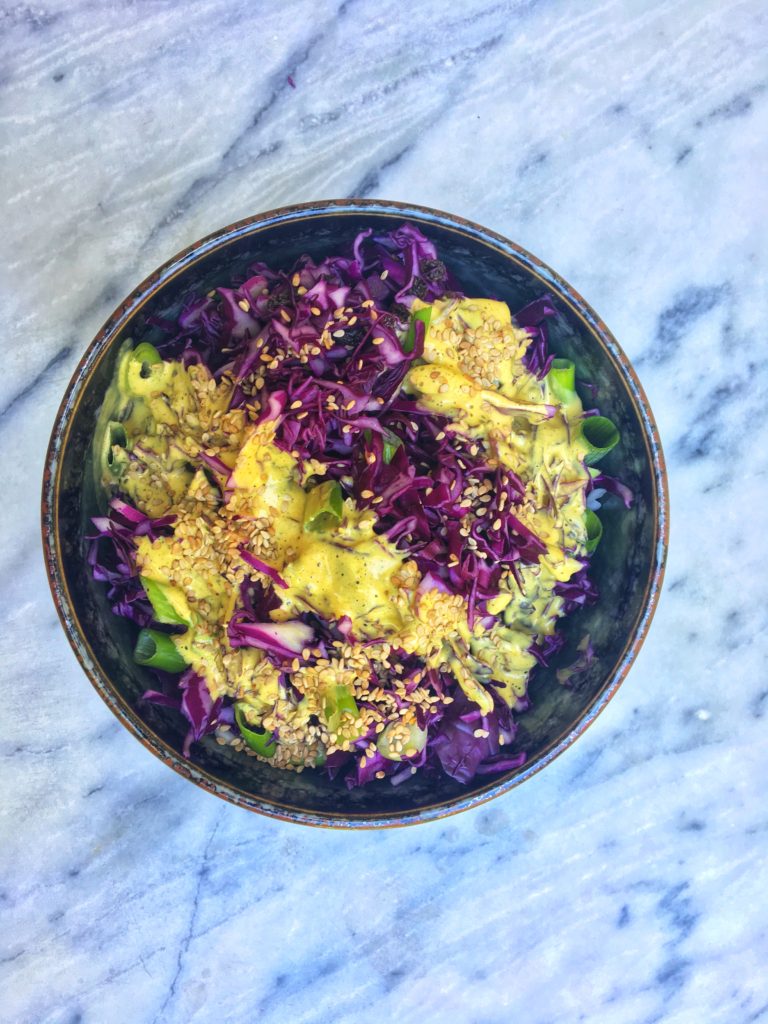 Purple Cabbage Curry Tahini Slaw