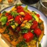 Spaghetti Squash with Blistered Cherry Tomato, Basil, Avocado Bruschetta