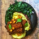 Slow Cooker Moroccan Ribs over Japanese Sweet Potato with Crispy Chickpeas and Lacinato Kale Salad