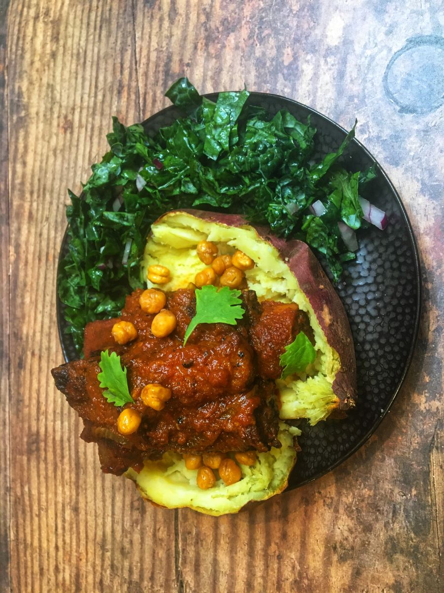 Slow Cooker Moroccan Ribs over Japanese Sweet Potato with Crispy Chickpeas and Lacinato Kale Salad