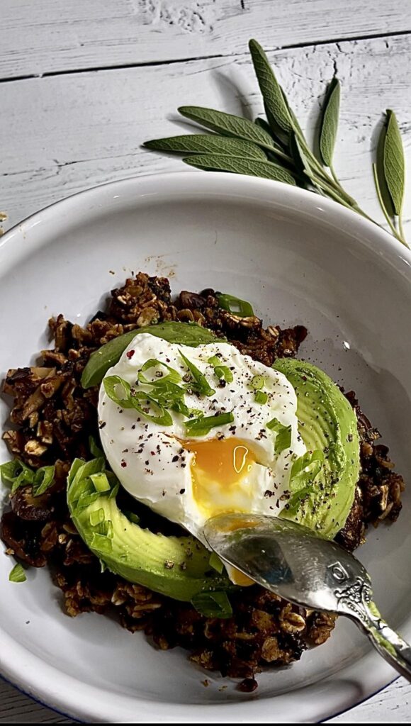 Savory Oats Mushroom Sage Risotto with Poached Egg and Avocado